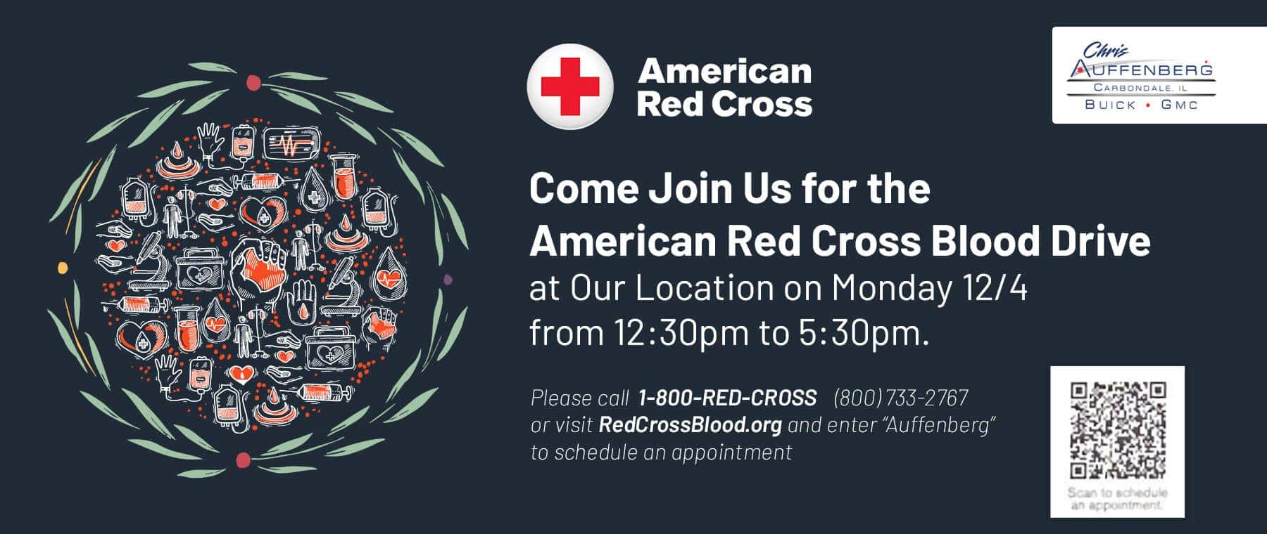 Come Join Us for the American Red Cross Blood Drive at Our Location on Monday 12/4 from 12:30pm to 5:30pm. Subtext: Please call 1-800-RED-CROSS (800)733-2767 or visit RedCrossBlood.org and enter “Auffenberg” to schedule an appointment