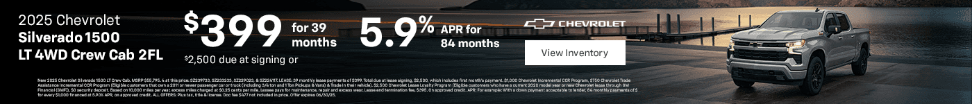 2025 Chevrolet Silverado 1500 LT 4WD Crew Cab 2FL - $399 for 39 months, $2,500 due at signing or 5.9% APR for 84 months