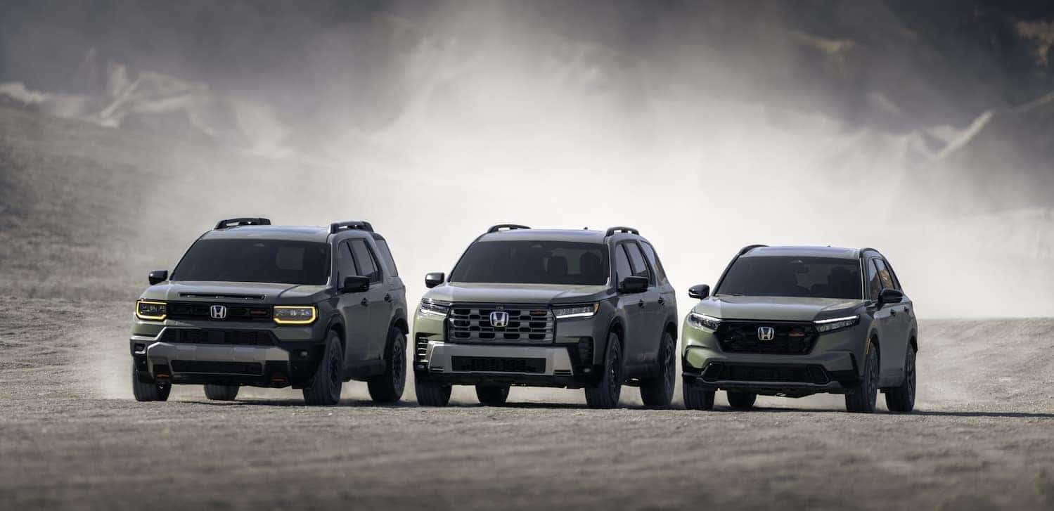 Honda lineup on rugged terrain
