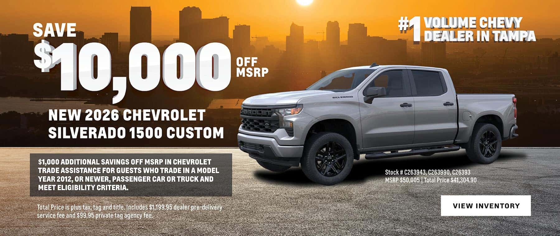 Save $10,000 off MSRP on New 2026 Silverado 1500 Custom Trucks