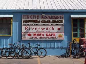 Photo of seafood restaurant signs at the Tin City shopping center in Naples, Florida