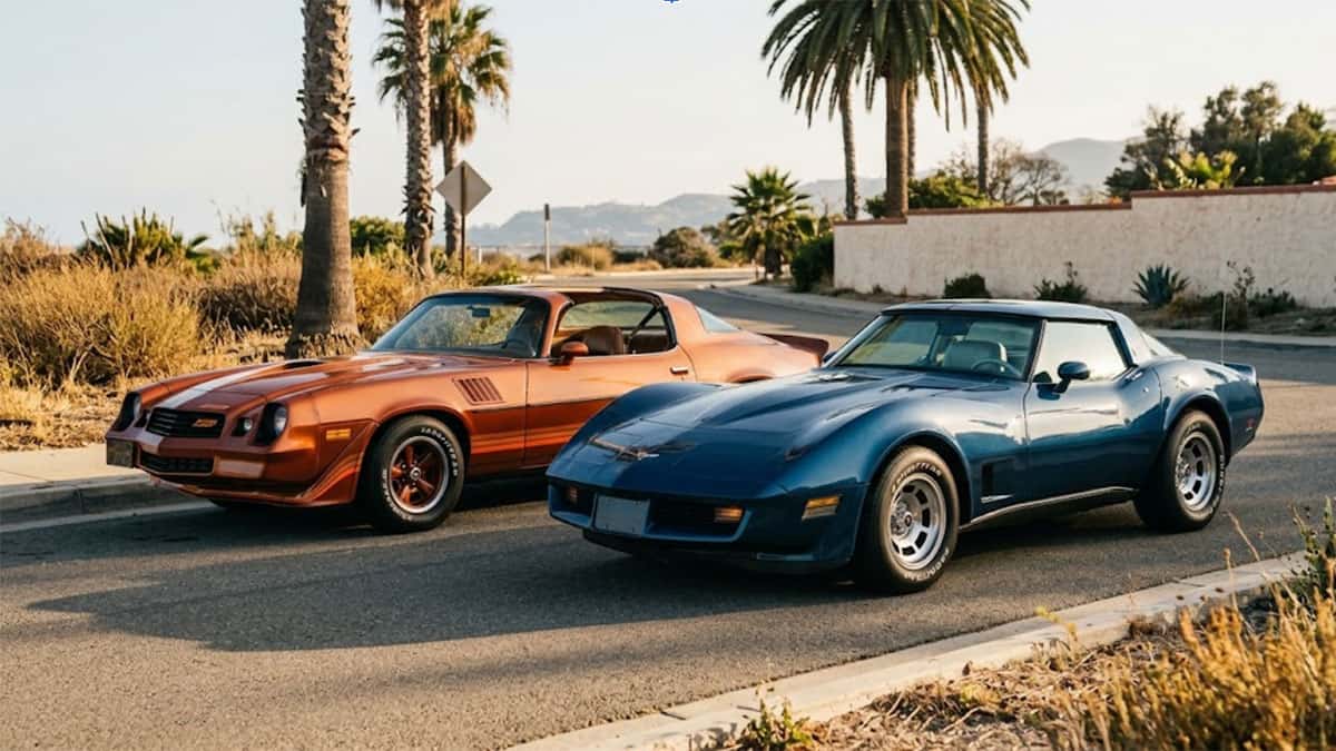 Orange classic Chevrolet Camaro and blue classic Corvette parked side by side on a coastal road with palm trees