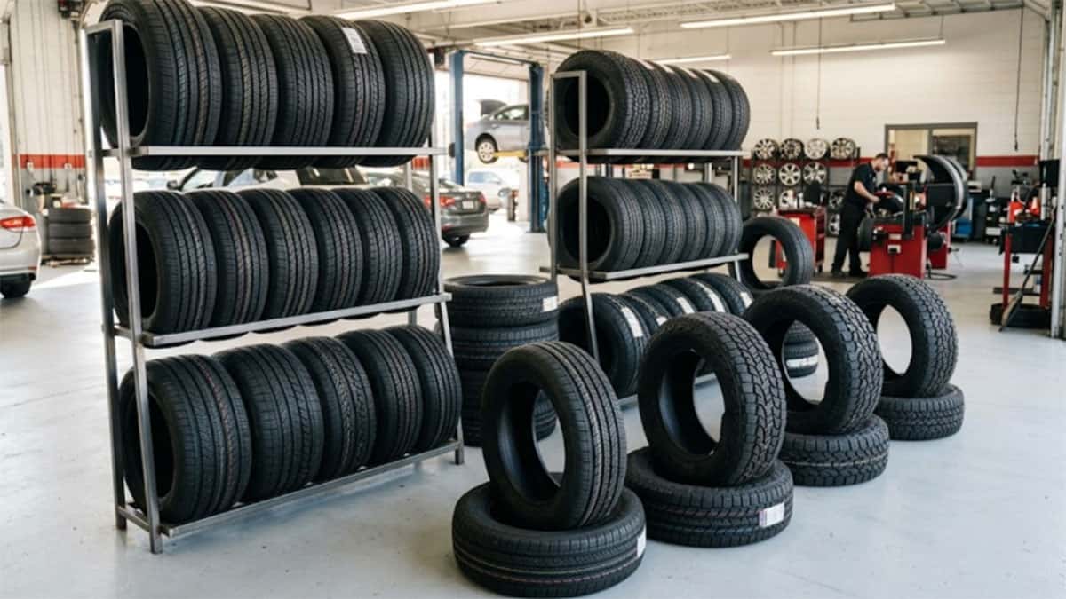 Racks and stacks of new replacement tires on the floor of a service center