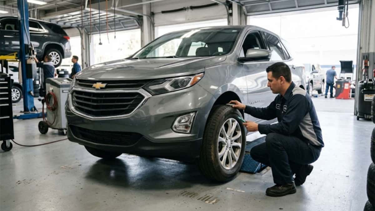 Technician kneeling beside the front tire of a gray Chevrolet SUV in a service bay