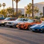 Five classic Chevrolets, including a pickup truck, a Camaro and a Corvette, parked in a row on a street lined with warehouses and palm trees