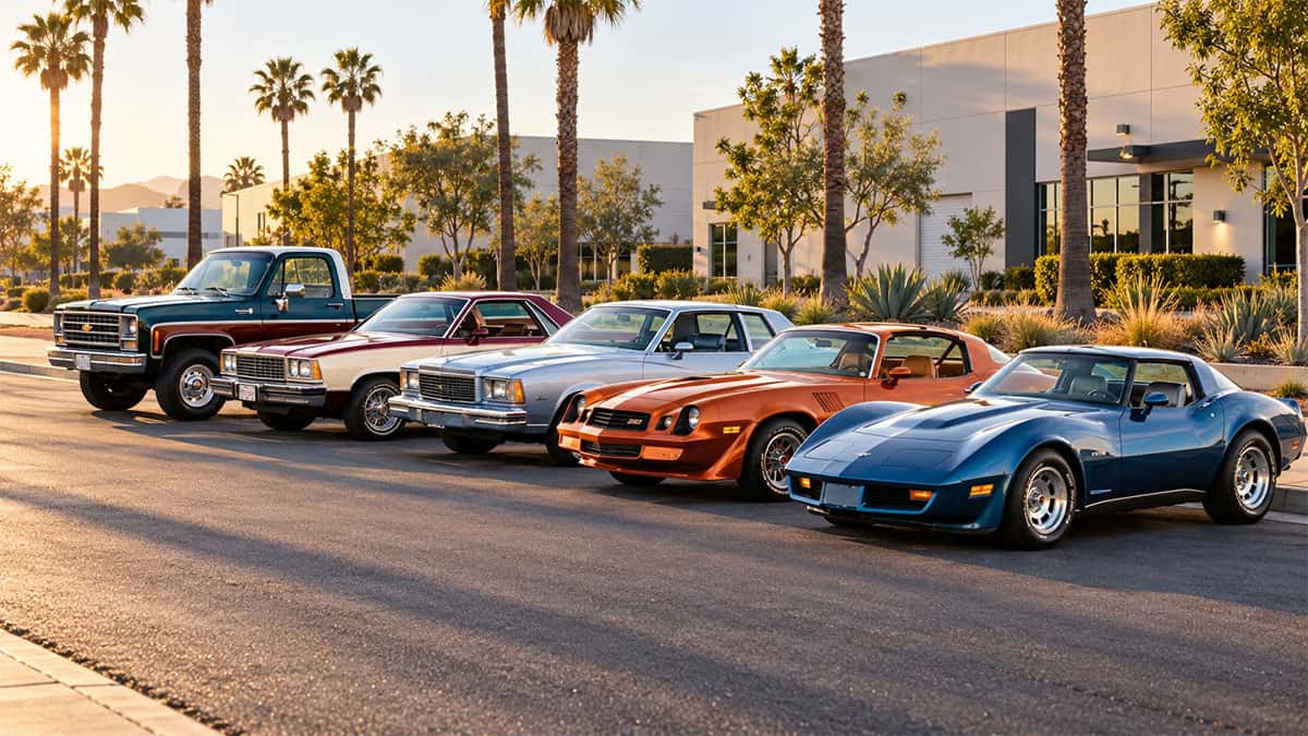 Five classic Chevrolets, including a pickup truck, a Camaro and a Corvette, parked in a row on a street lined with warehouses and palm trees