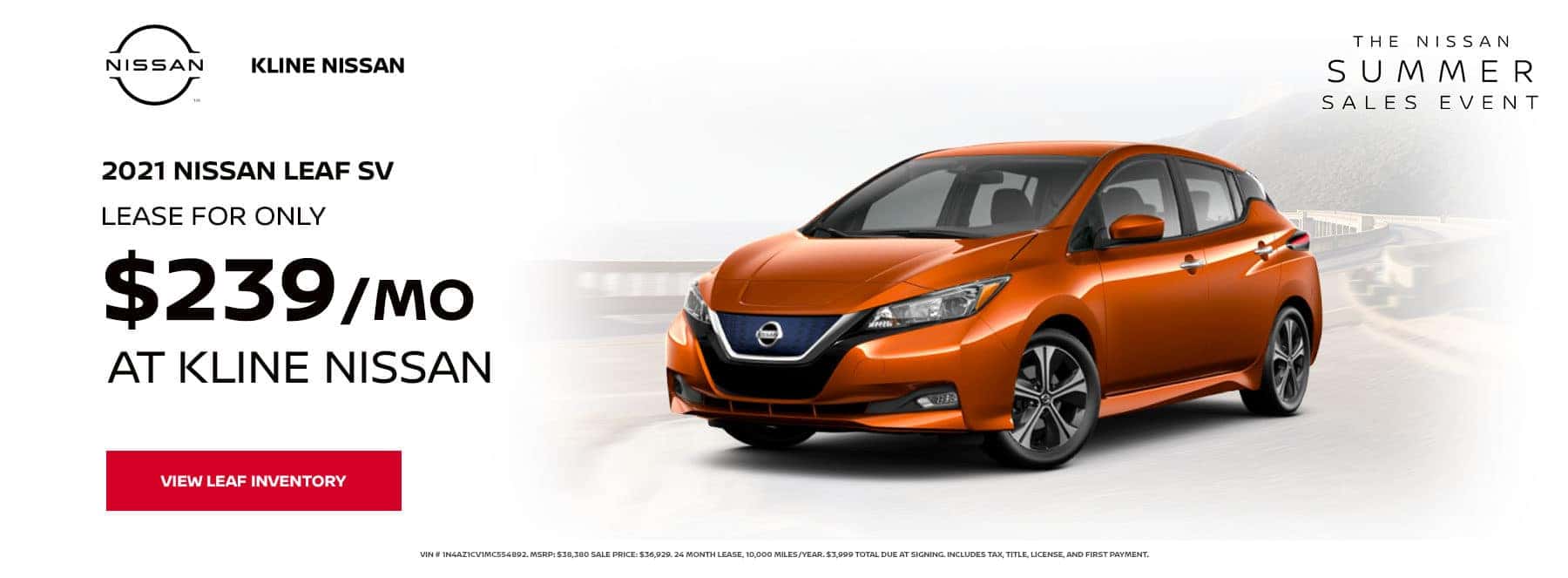 Lease a 2021 Nissan Leaf SV, for only $239/mo at Kline Nissan