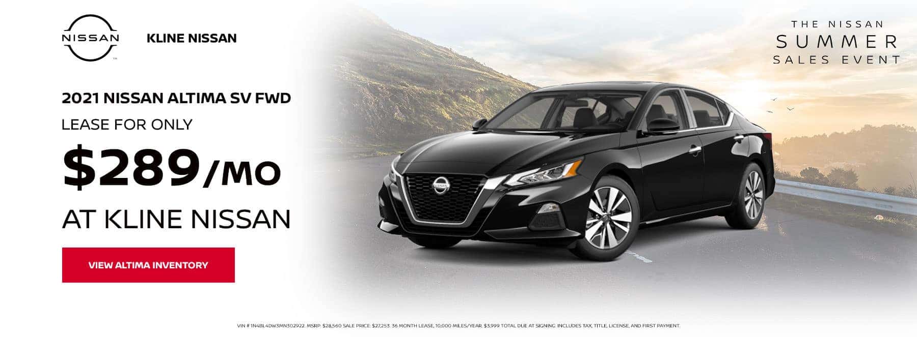 Lease a 2021 Nissan Altima SV AWD, for only $289/mo at Kline Nissan