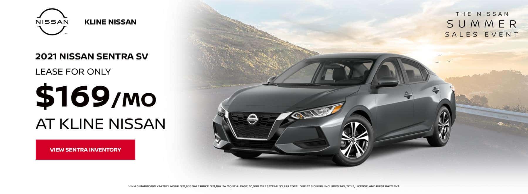 Lease a 2021 Nissan Sentra SV, for only $169/mo at Kline Nissan
