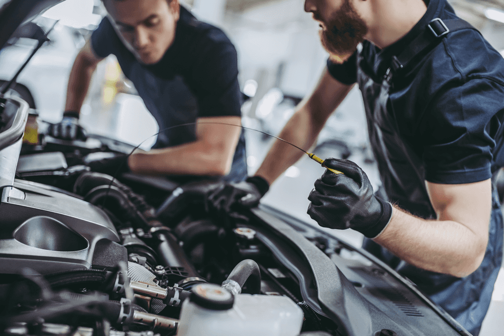 Technicians servicing a Land Rover