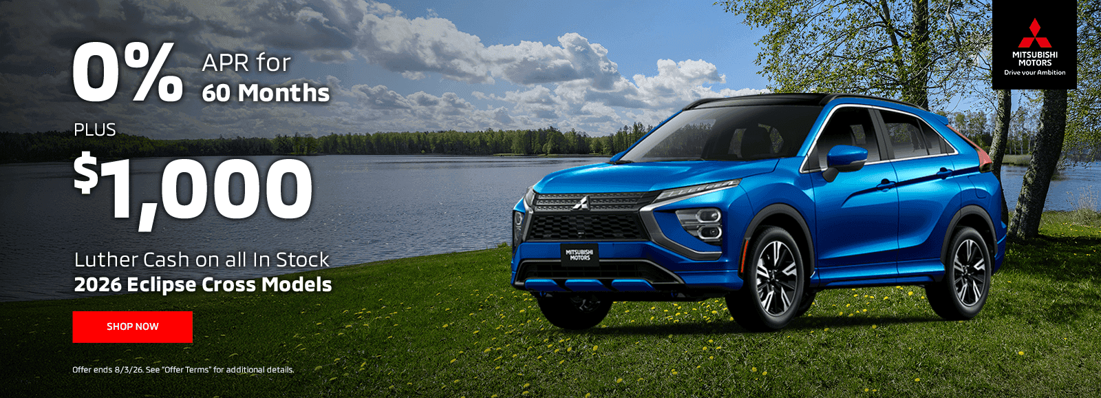 : 0% for 60 Months PLUS $1,000 Luther Cash Subtext: on all In Stock 2026 Eclipse Cross Models