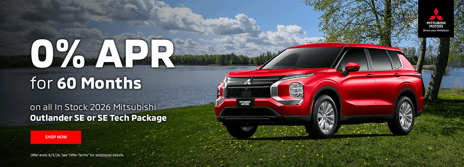 0% for 60 Months Subtext: on all In Stock 2026 Mitsubishi Outlander SE or SE Tech Package