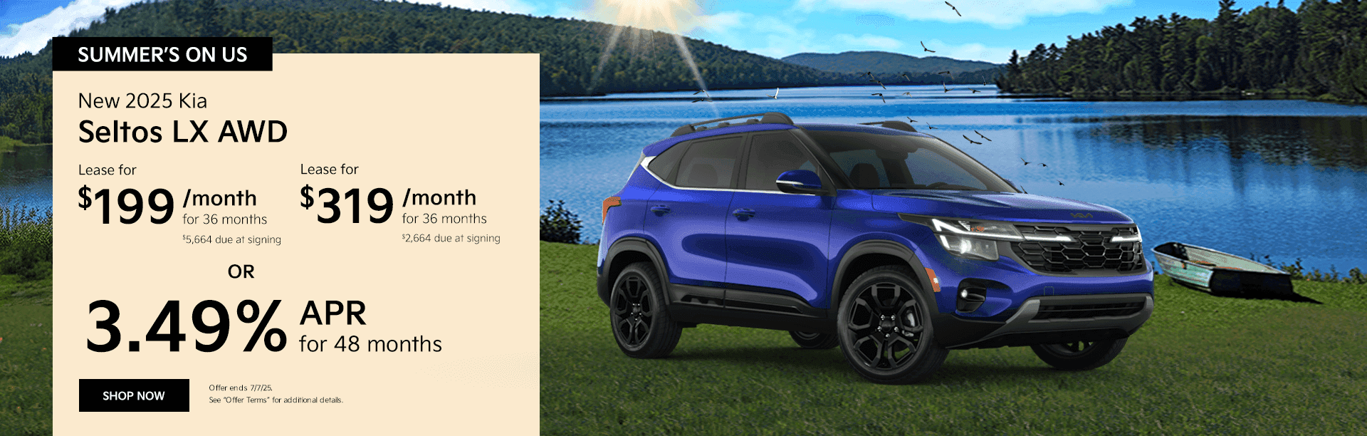 New 2025 Kia Seltos LX AWD SUBTEXT Lease for $199/mo. for 36 Months $5,664 Due at Signing Lease for $319 mo. for 36 Months $2,664 Due at Signing OR 3.49% for 48 Months 3.75% for 60 Months 3.99% for 66 Months 4.49% for 72 Months