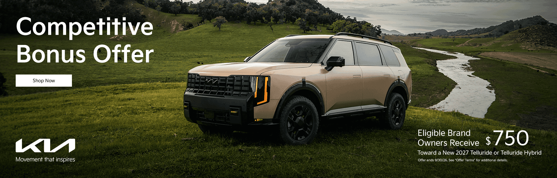 Competitive Bonus Offer: Eligible Brand Owners Receive $750 Toward a New 2027 Telluride or Telluride Hybrid