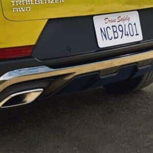 Rear view of the 2025 Chevrolet Trailblazer AWD showcasing the dual exhaust, rear bumper details, and California license plate.