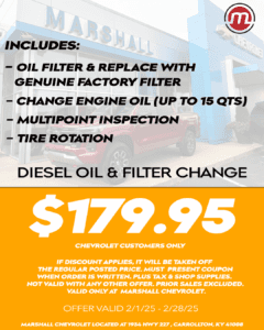 marshall chevrolet diesel oil and filter change february special