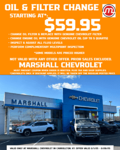 marshall chevrolet oil and filter change february special