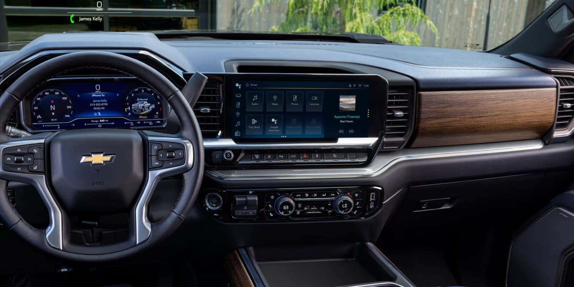 digital cluster display and infotaiment sytem with woodgrain dashboard