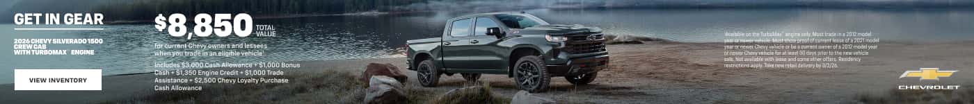 $8,850 KRĐ for current Chevy owners and lessees when you trade in an eligible vehiclet Includes $3,000 Cash Allowance + $1,000 Bonus -Cash + $1,350 Engine Credit + $1,000 Trade Assistance + $2,500 Chevy Loyalty Purchase Cash Allowance
