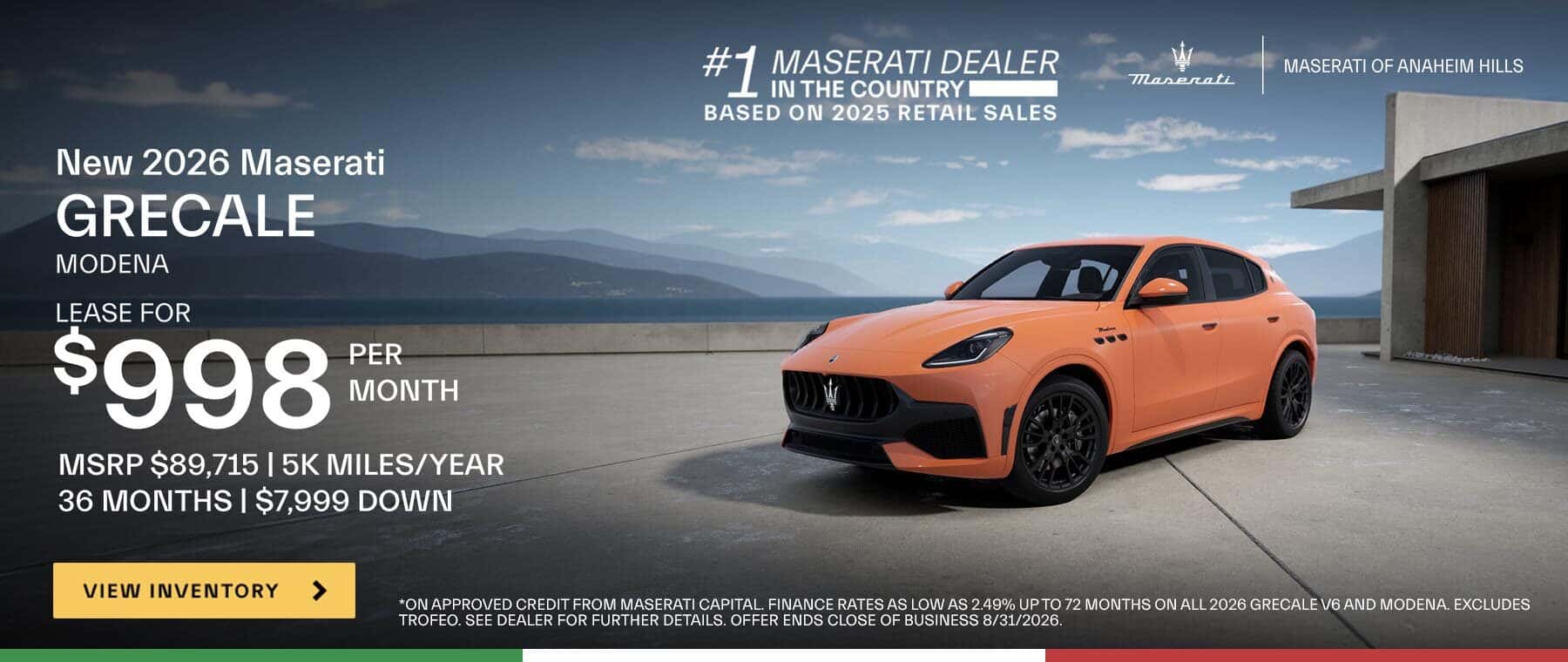 LEASE A 2026 GRECALE MODENA FOR $998 PER MTH