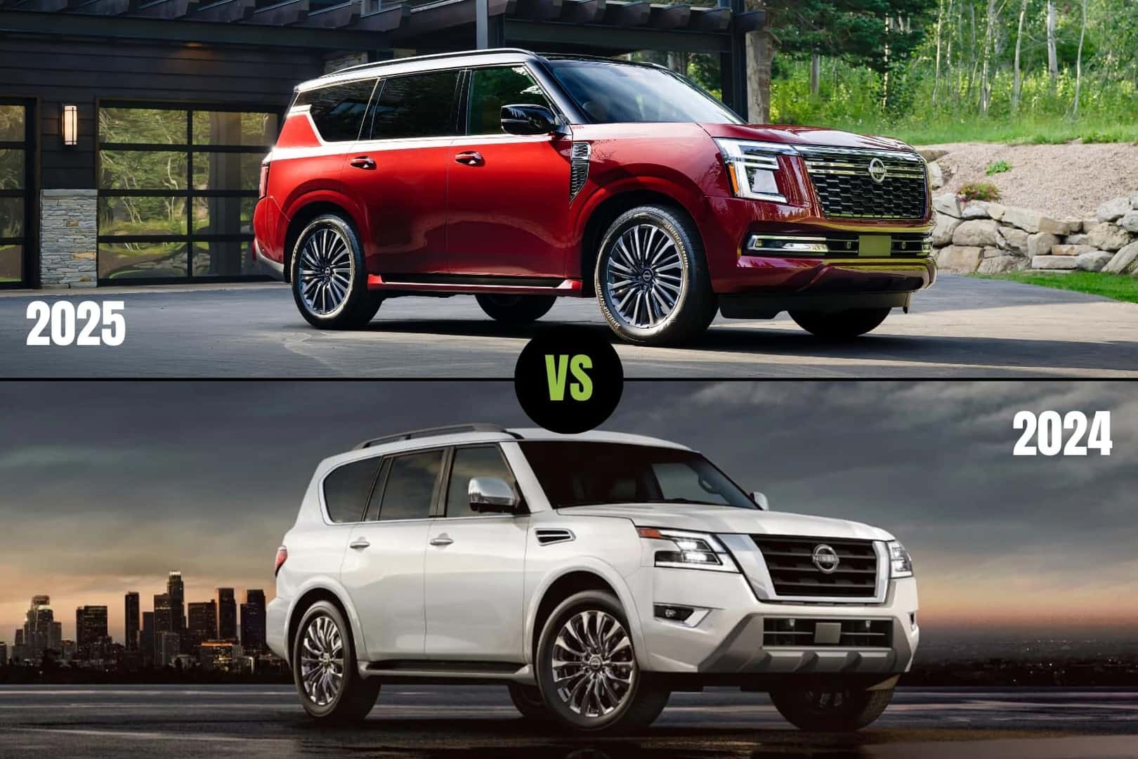 image showing an exterior comparison of a redesigned 2025 Nissan Armada beside a 2024 Nissan Armada