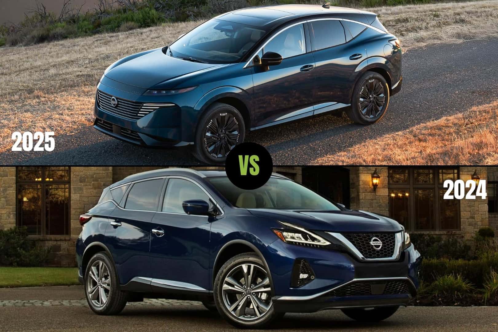 a split image showing the exterior comparison of the redesigned 2025 Nissan Murano to the 2024 Nissan Murano
