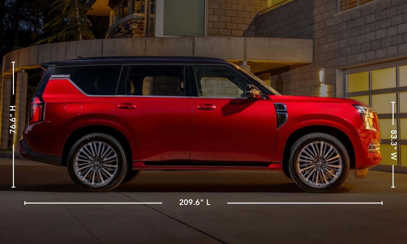 image of a 2025 Nissan Armada with exterior dimensions measurements shown on the image