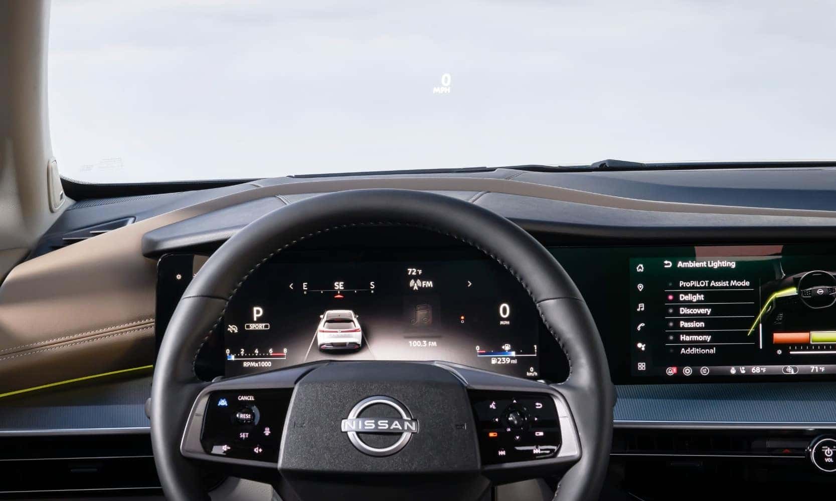 close up view of the instrument panel behind the steering wheel inside a 2025 Nissan Murano SUV