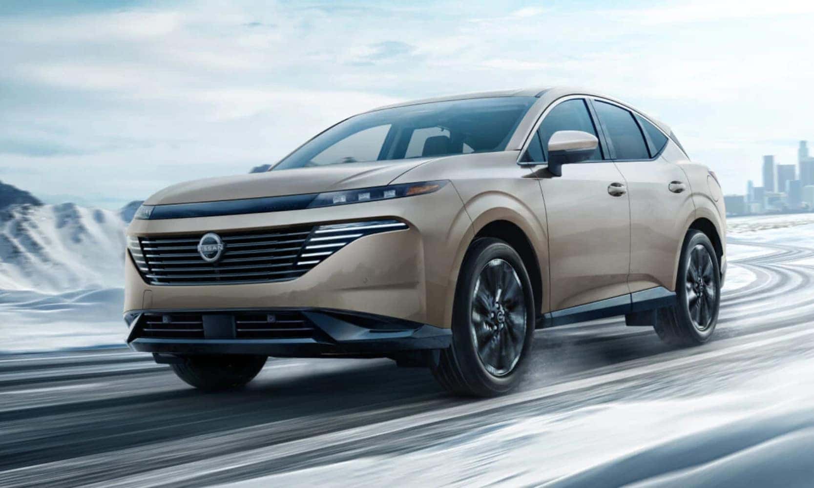 Exterior front image of a taupe 2025 Nissan Murano driving down a rendered snowy road landscape with skyscrapers in the background