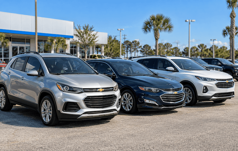 Chevrolet vehicles in parking lot.