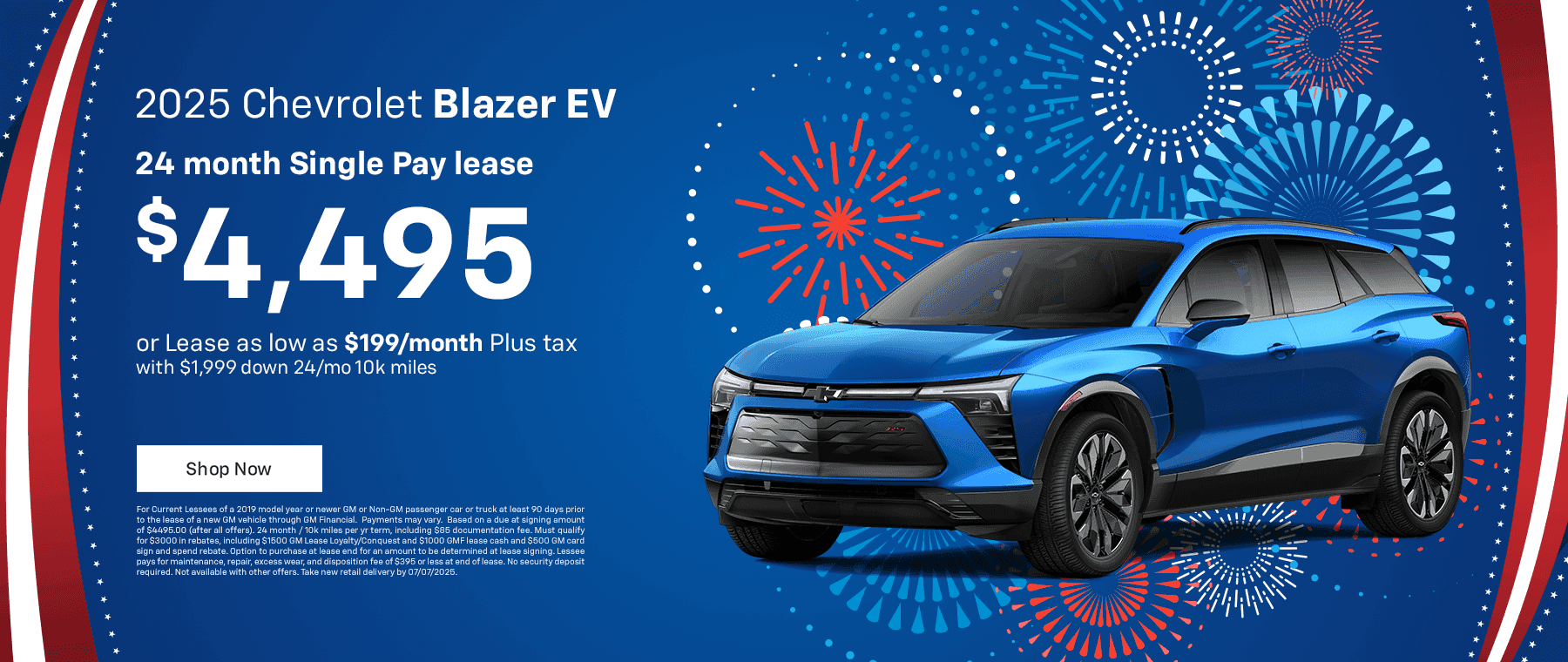 Headline 2025 Chevrolet Blazer EV Subtext 24 month Single Pay lease $4,495 or Lease as low as 1$99/month plus tax $1,999 down 24/mo 10k miles