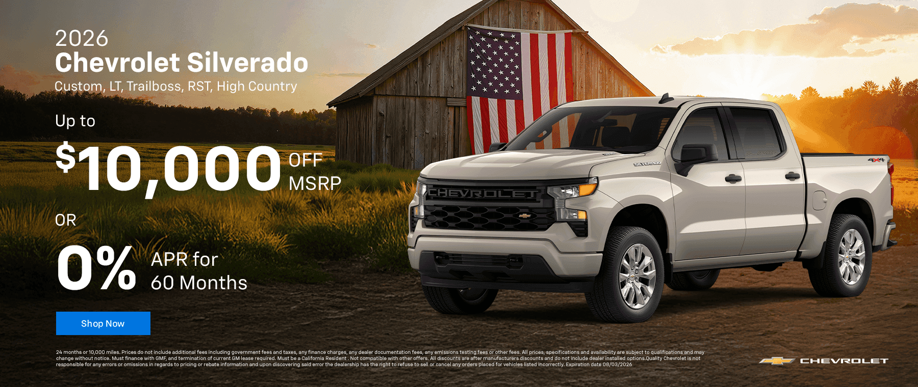 2026 Silverado Custom, LT, Trailboss, RST, High Country Up to $10,000 off MSRP