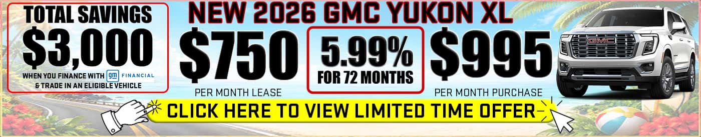 A new 2026 GMC Yukon XL Denali in Glacier White. A promotional overlay reads: 'Save $3,000 when you trade in an eligible vehicle and finance with GM Financial
