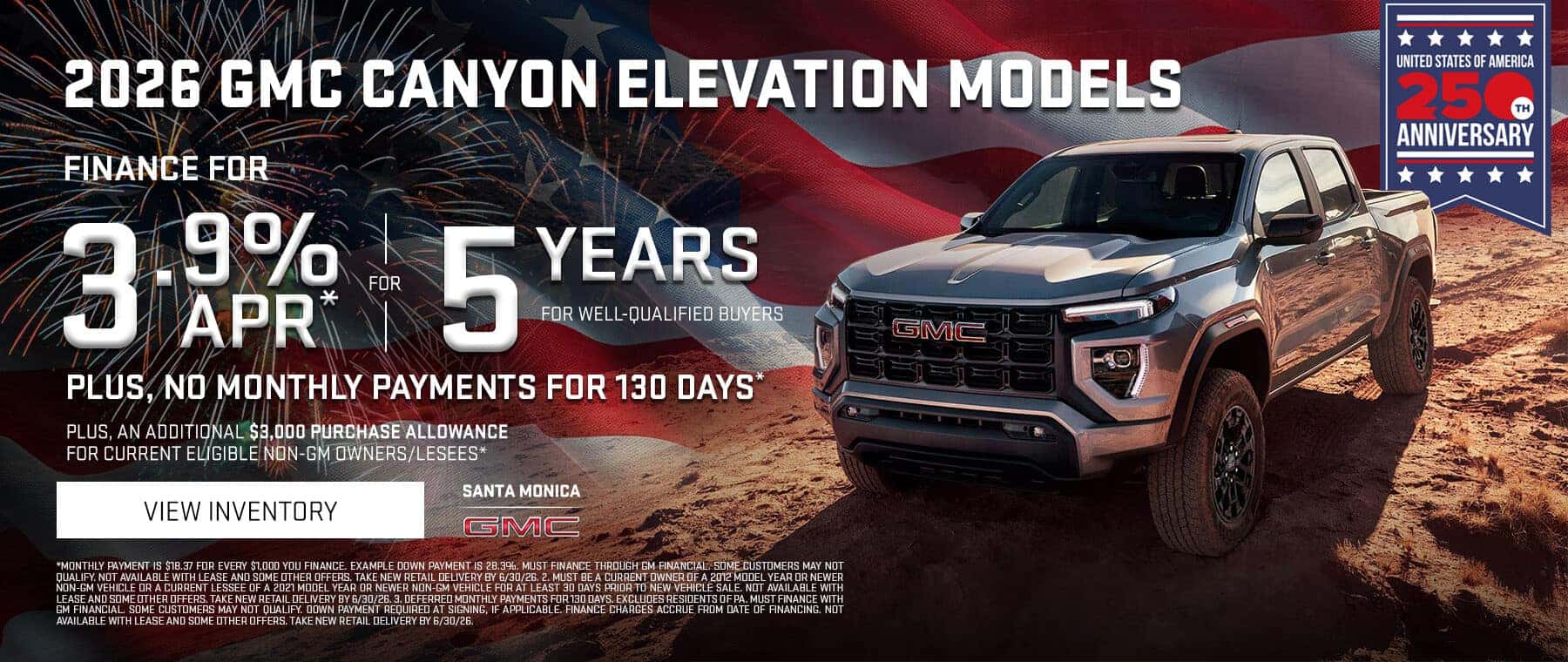 Promotional banner for the 2026 GMC Canyon Elevation models featuring a gray GMC Canyon pickup truck parked in a rugged desert canyon landscape. The advertisement highlights financing offers including 3.9% APR for 5 years for well-qualified buyers, no monthly payments for 130 days, and an additional $3,000 purchase allowance for eligible non-GM owners or lessees. A "View Inventory" call-to-action button appears alongside Santa Monica GMC branding and the slogan, "Find New Roads This Summer."