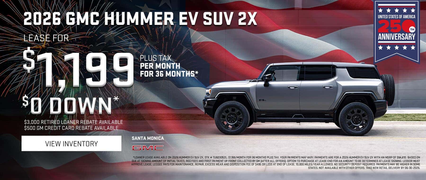 2026 GMC Hummer EV SUV 2X promotional banner featuring a silver GMC Hummer EV SUV parked alongside a modern urban building. Advertisement highlights a lease offer of $1,199 per month plus tax for 36 months with $0 down. Additional incentives include a $3,000 retired loaner rebate and a $500 GM credit card rebate. The banner includes a "View Inventory" call-to-action button, Santa Monica GMC branding, and the headline "Find New Roads This Summer."