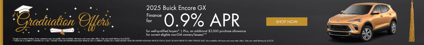 2025 Buick Encore GX Finance for 0.9% APR for well-qualified buyers* Plus, an additional $3,000 purchase allowance for current eligible non-GM owners/lessees**