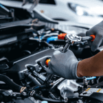 A mechanic is using a ratchet wrench to repair a car engine