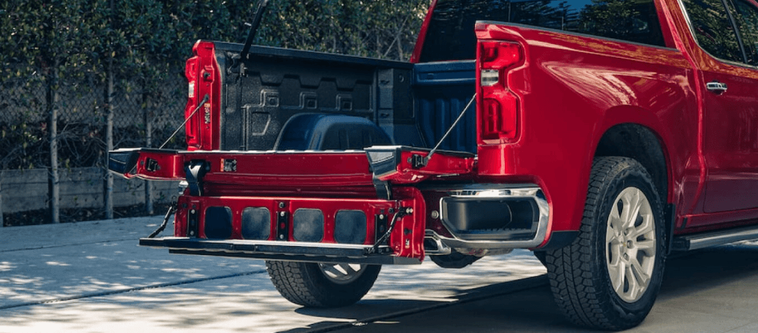 Chevrolet Silverado pickup with open Multi-Flex tailgate
