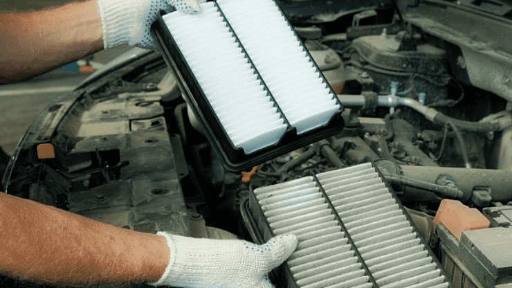 A comparison between a new and old engine air filter.