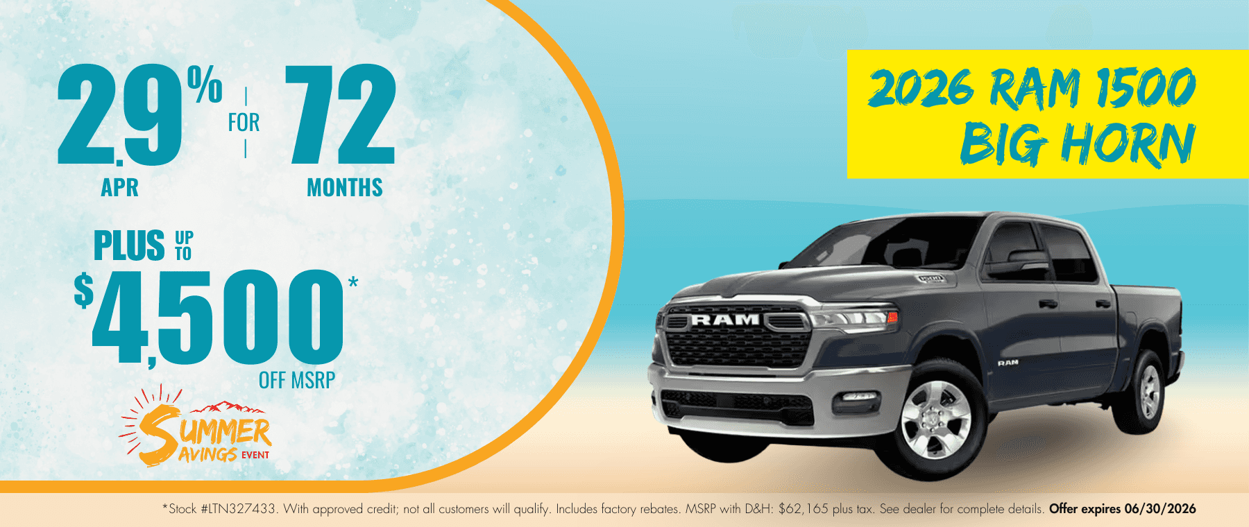 2026 Ram 1500 Big Horn banner for Transwest Chrysler Dodge Jeep Ram’s Summer Savings Event. Promotional website banner highlights 2.9% APR for 72 months, plus up to $4,500 off MSRP.