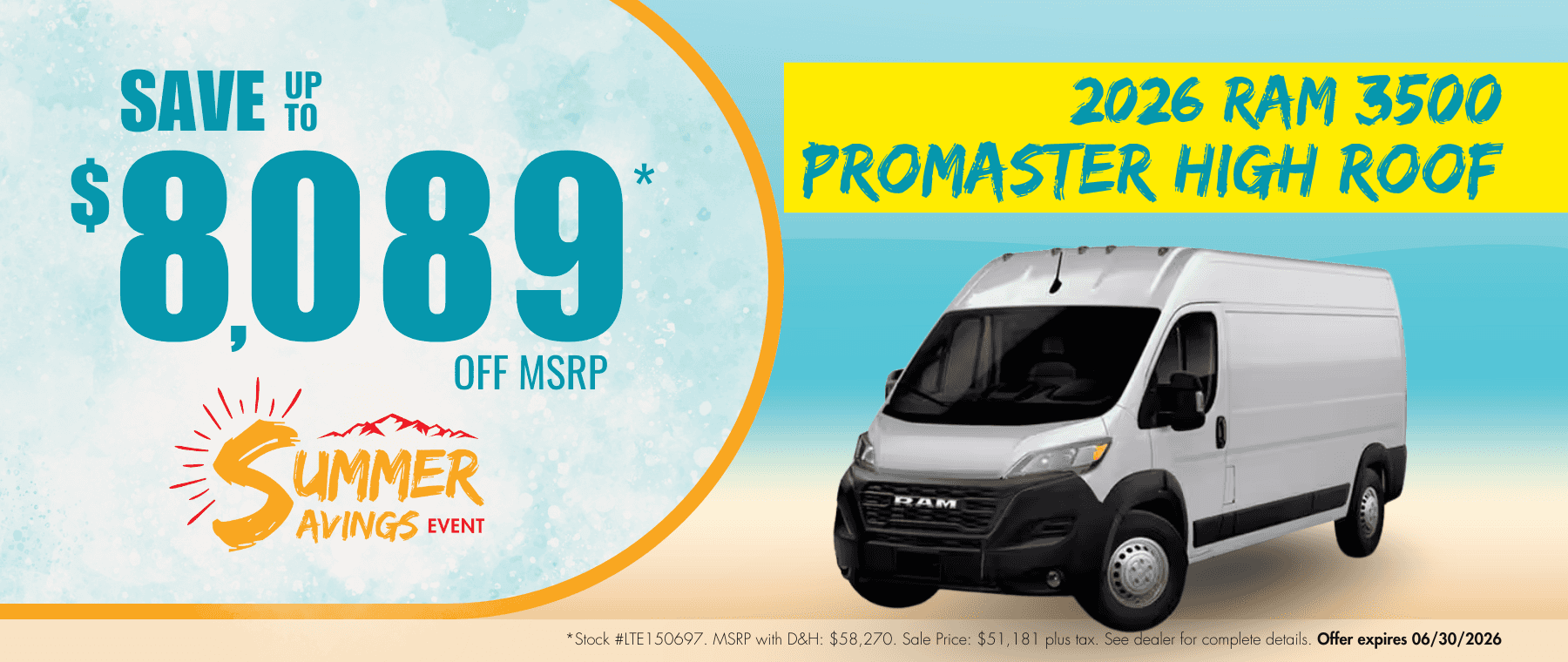 2026 Ram 3500 ProMaster High Roof banner for Transwest Chrysler Dodge Jeep Ram’s Summer Savings Event. Promotional website banner highlights up to $8,089 off MSRP.