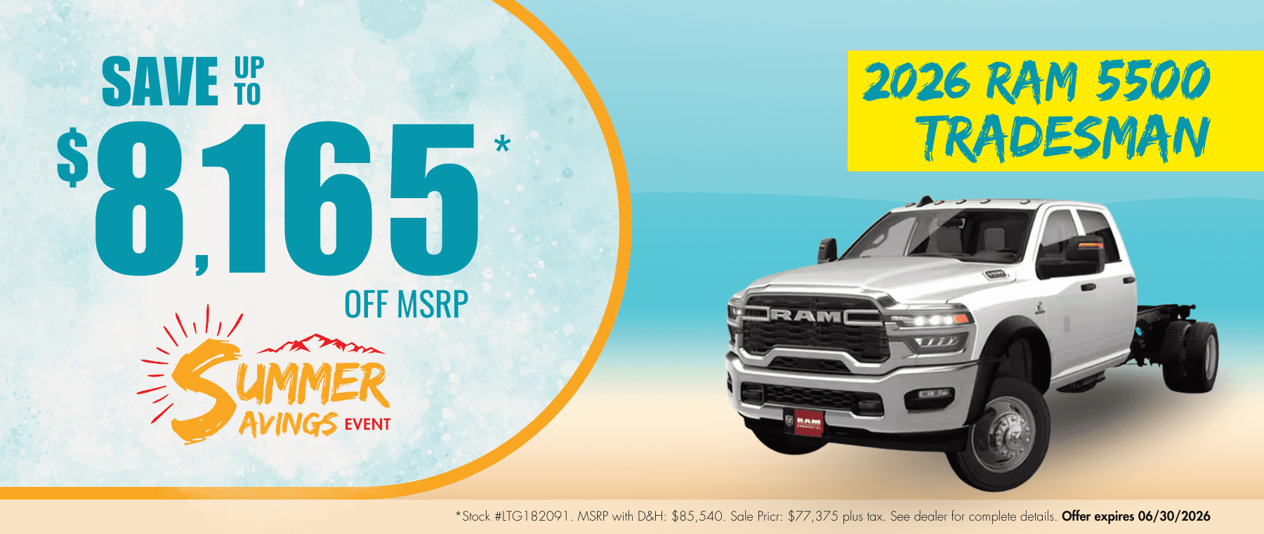 2026 Ram 5500 Tradesman banner for Transwest Chrysler Dodge Jeep Ram’s Summer Savings Event. Promotional website banner highlights up to $8,165 off MSRP.