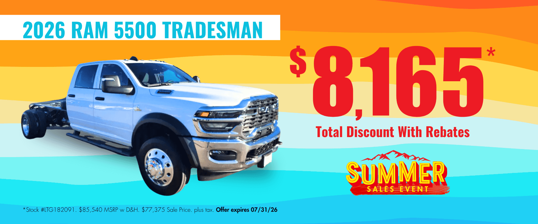 2026 Ram 5500 Tradesman website banner for Transwest Chrysler Dodge Jeep Ram’s Summer Sales Event. Promotional banner highlights up to $8,165 off MSRP.