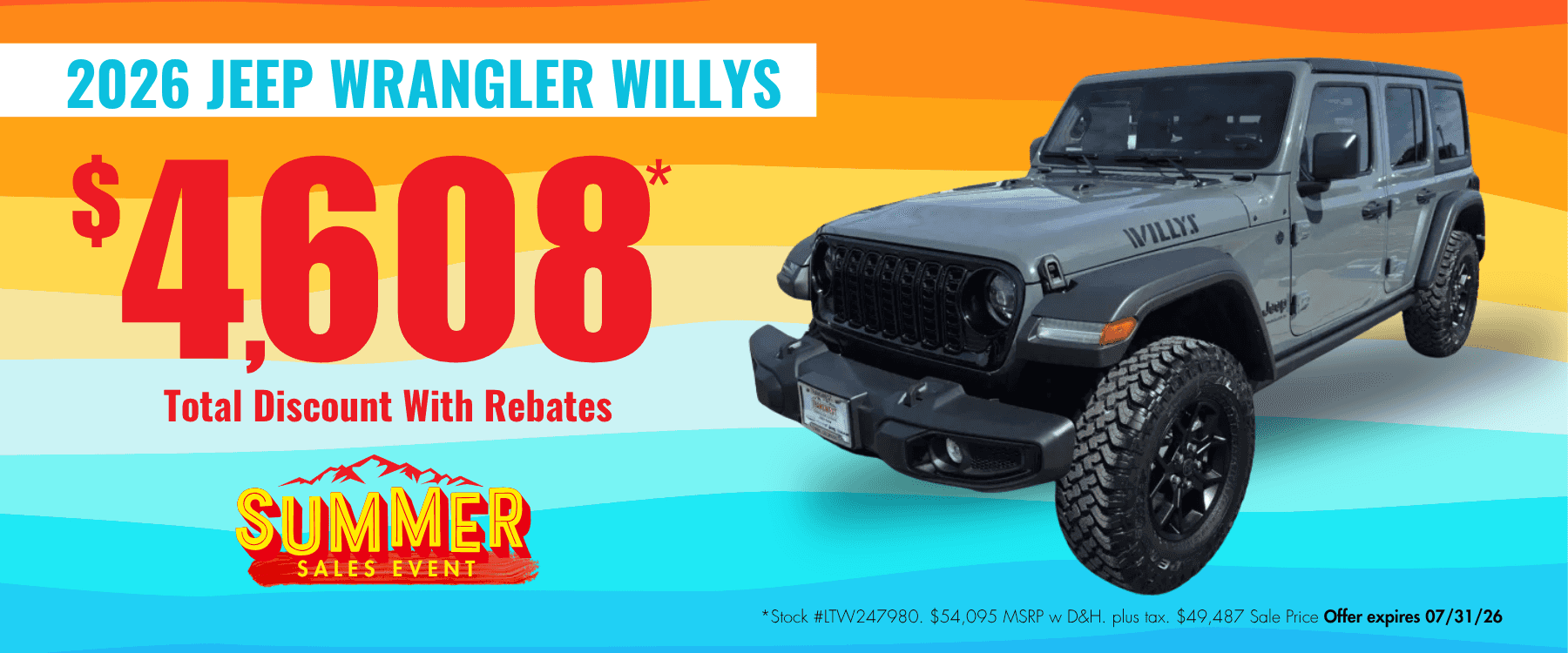 2026 Jeep Wrangler Willys website banner for Transwest Chrysler Dodge Jeep Ram’s Summer Sales Event. Promotional banner highlights up to $4,608 off MSRP.