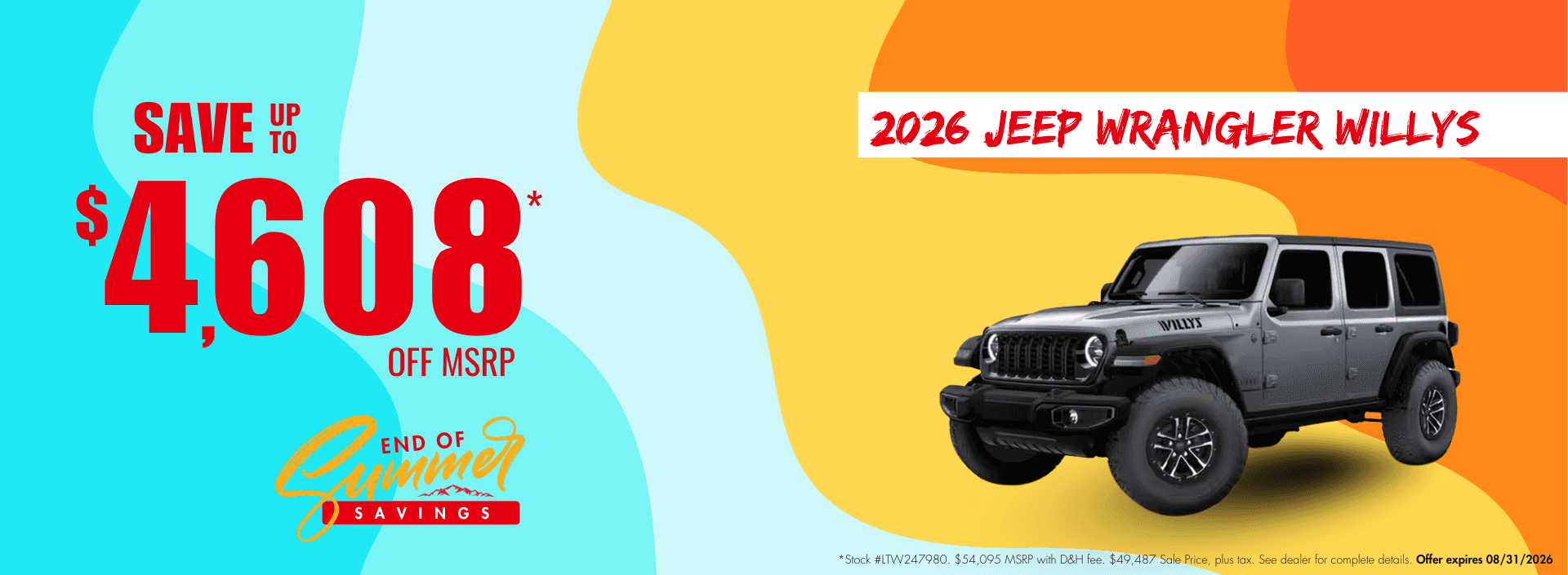 2026 Jeep Wrangler Willys website banner for Transwest Chrysler Dodge Jeep Ram’s End of Summer Savings Event. Promotional banner highlights up to $4,608 off MSRP.