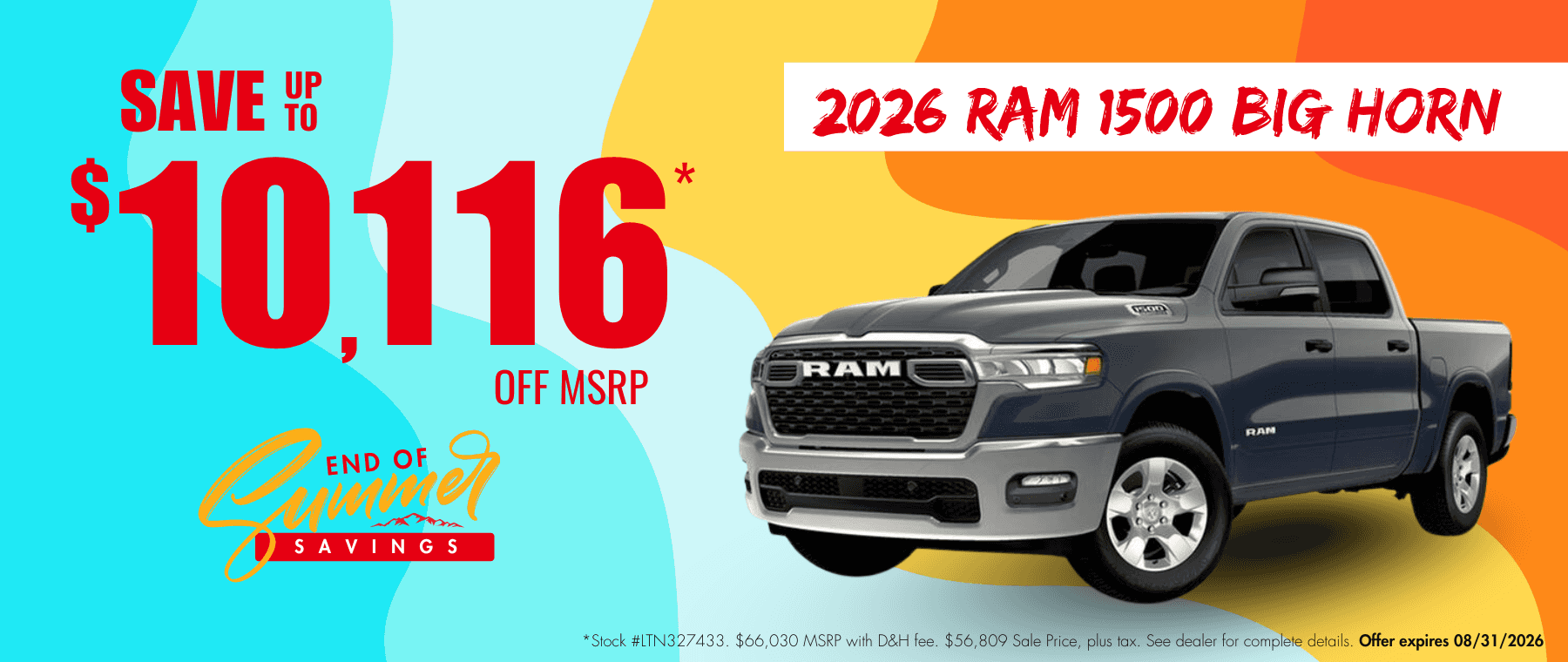 2026 Ram 1500 Big Horn website banner for Transwest Chrysler Dodge Jeep Ram’s End of Summer Savings Event. Promotional banner highlights up to $10,116 off MSRP.