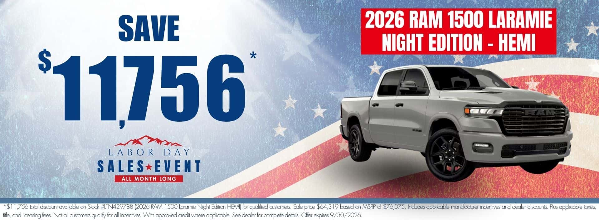 2026 Ram 1500 Laramie Night Edition HEMI website banner for Transwest Chrysler Dodge Jeep Ram’s Labor Day Sales Event. Promotional banner highlights up to $11,756 off MSRP.
