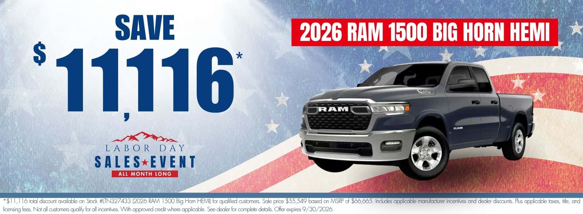 2026 Ram 1500 Big Horn HEMI website banner for Transwest Chrysler Dodge Jeep Ram’s Labor Day Sales Event. Promotional banner highlights up to $11,116 off MSRP.