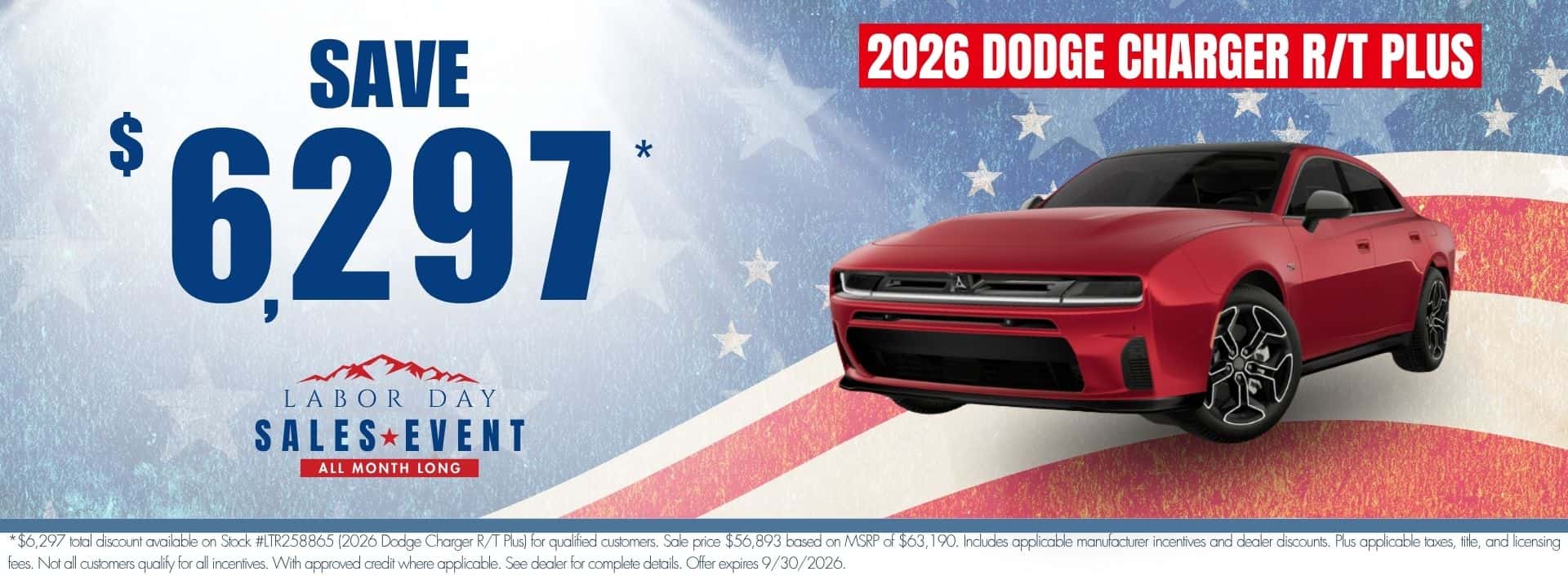 2026 Dodge Charger R/T Plus website banner for Transwest Chrysler Dodge Jeep Ram’s Labor Day Sales Event. Promotional banner highlights up to $6,297 off MSRP.