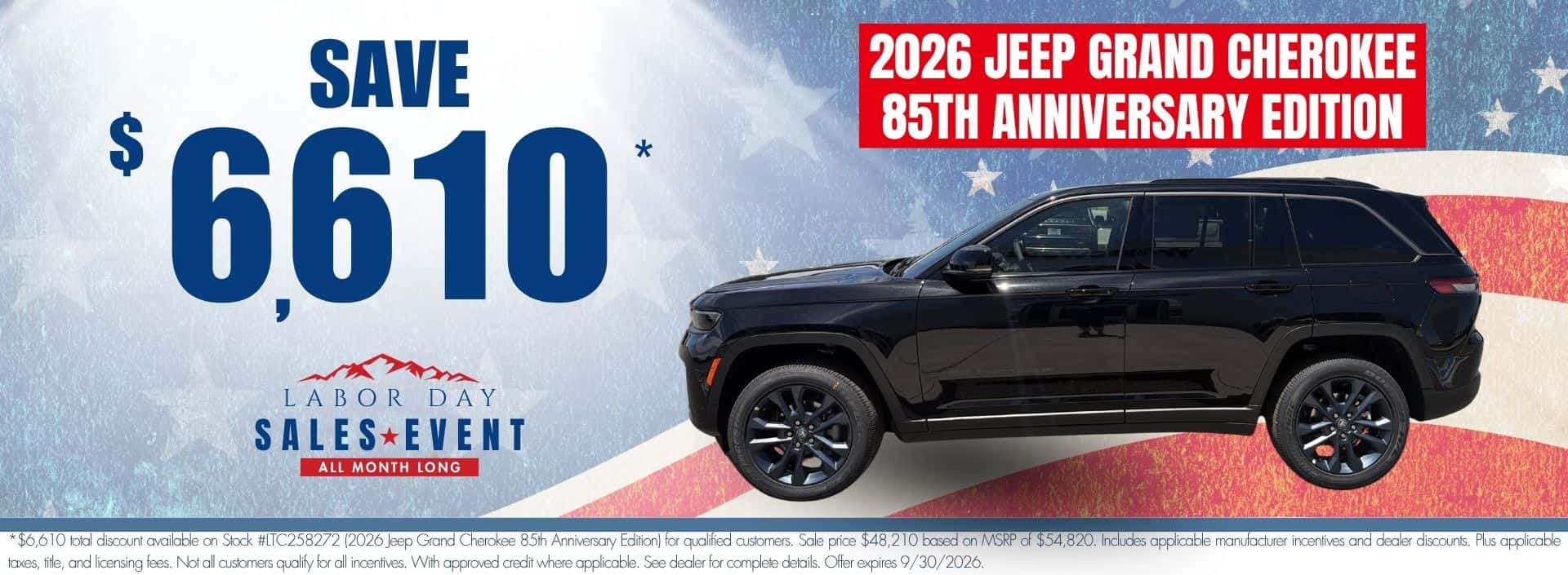 2026 Jeep Grand Cherokee 85th Anniversary Edition website banner for Transwest Chrysler Dodge Jeep Ram’s Labor Day Sales Event. Promotional banner highlights up to $6,610 off MSRP.